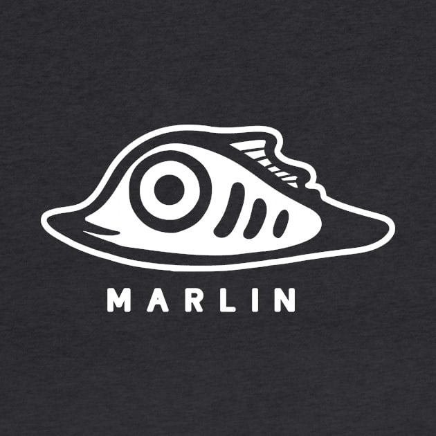 Art of a very small and cute marlin fish. Minimal style in white ink by croquis design